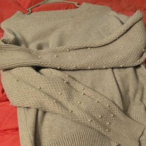 Elegant Gray Sweater with Pearl Accents